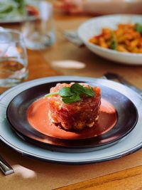 Close-up of food in plate on table