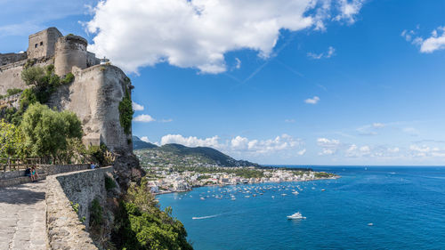 Panoramic view of sea against blue sky