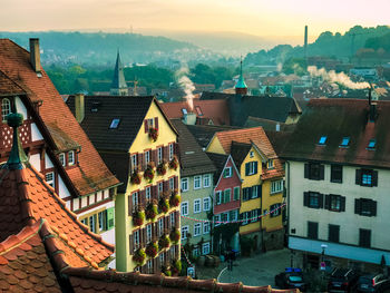 High angle view of old town street in tübingen, with the rooftops and chimneys 