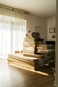 Stack of carton boxes in living room