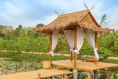 Built structure on table against sky