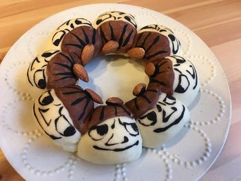 High angle view of dessert in plate on table