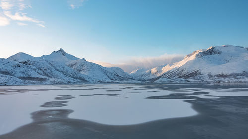 Scenic view of snowcapped mountains against clear sky