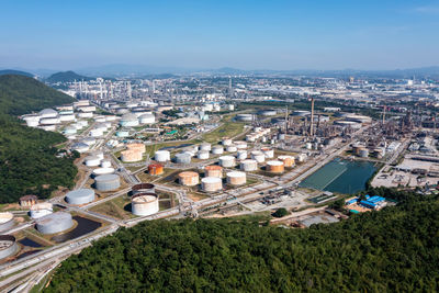 Aerial view oil and gas chemical tank with oil refinery plant business and industry power energy 