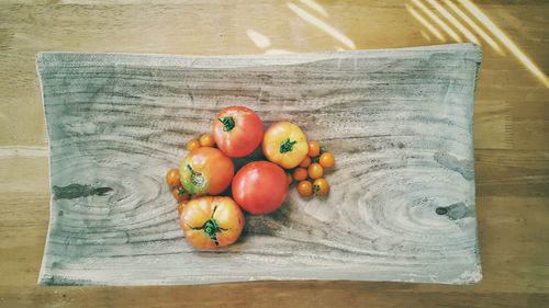 High angle view of tomatoes on table