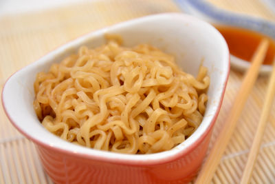 High angle view of rice in bowl on table