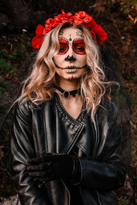 Closeup portrait of calavera catrina. young woman with sugar skull makeup. dia de los muertos. day 