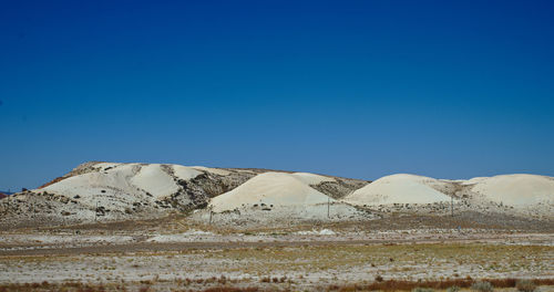 Scenic view of snowcapped mountains against clear blue sky