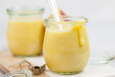 Close-up of drink in jar on table