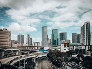 View of city buildings against cloudy sky