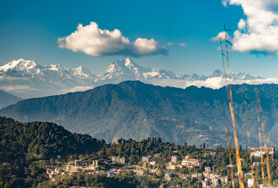 Panoramic view of townscape and mountains against sky