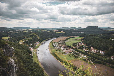 Scenic view of landscape and river against sky