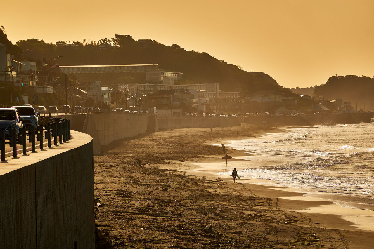 PEOPLE ON BEACH AGAINST SKY IN CITY
