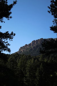 Low angle view of mountain against clear blue sky