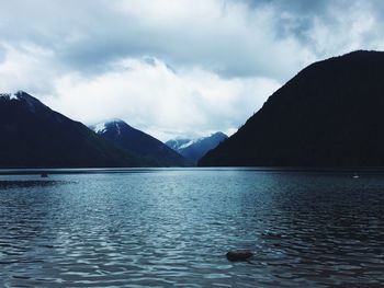 Scenic view of lake by mountains against sky