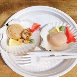 High angle view of breakfast in plate on table