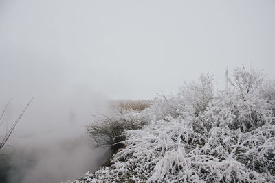 Snow covered landscape against clear sky