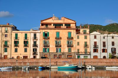 Low angle view of built structures against clear sky