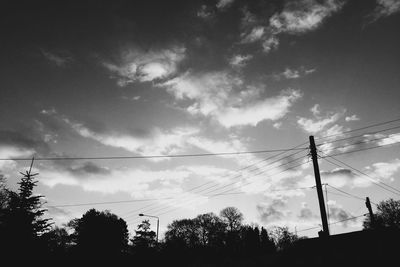 Low angle view of power lines against cloudy sky