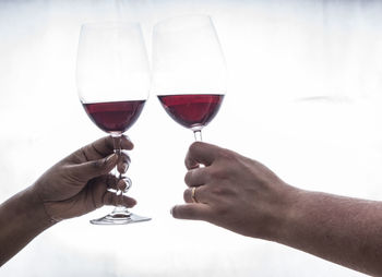 Cropped image of people holding red wine in glass against sky