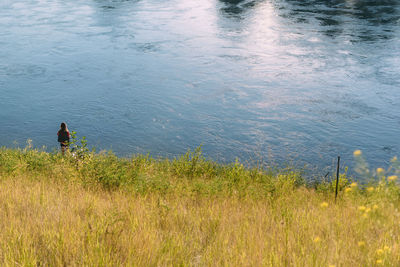 High angle view of man standing by lake