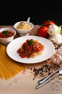 High angle view of food served on table