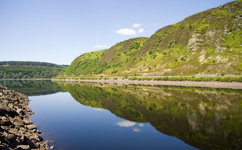 Scenic view of calm lake with mountains reflection against sky