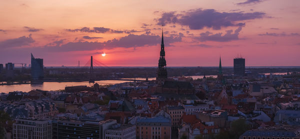 High angle view of townscape against sky during sunset