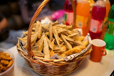 Close-up of burger in basket on table