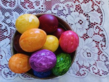 High angle view of multi colored candies on table