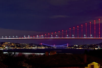 Illuminated suspension bridge at night