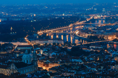 High angle view of illuminated city at night