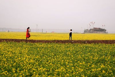 People playing on field against clear sky