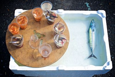 High angle view of drink on table