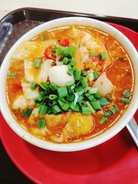 High angle view of soup in bowl