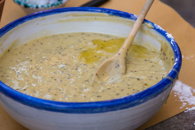 High angle view of soup in bowl on table