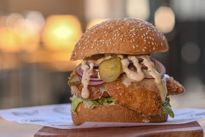 Close-up of burger on table