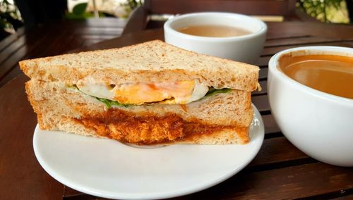 Close-up of breakfast served on table