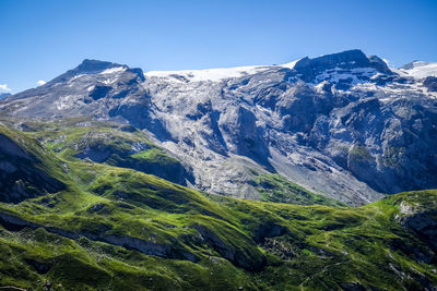 Scenic view of snowcapped mountains against clear blue sky