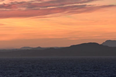 Scenic view of sea against romantic sky at sunset