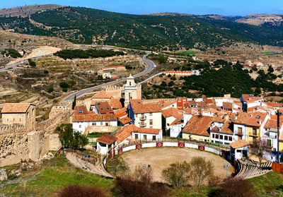 High angle view of town on mountain