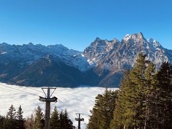 Scenic view of snowcapped mountains against clear blue sky