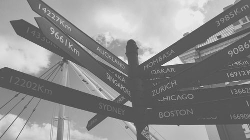 Low angle view of road sign against sky