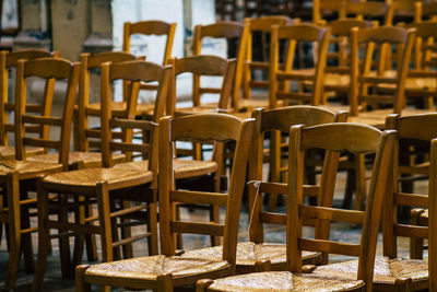 Empty chairs and tables in restaurant