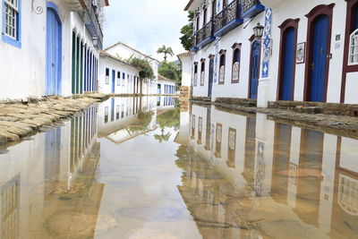 Reflection of buildings in puddle