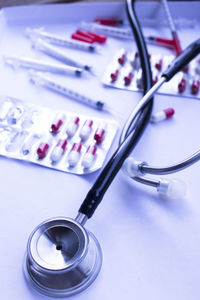 High angle view of medical equipment on table