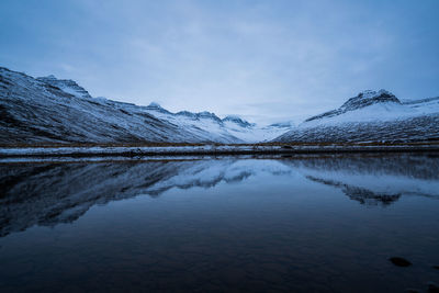 Scenic view of lake by snowcapped mountain against sky