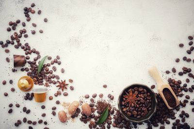 High angle view of coffee beans on table