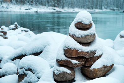 Close-up of snow covered water in lake