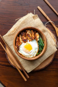 High angle view of breakfast served on table